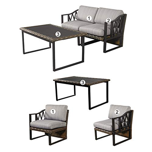 Festival Depot 3pcs Outdoor Furniture Patio Conversation Set Sectional Sofa Chairs All Weather Brown Rattan Wicker Slatted Coffee Table with Grey Thick Seat Back Cushions, Black