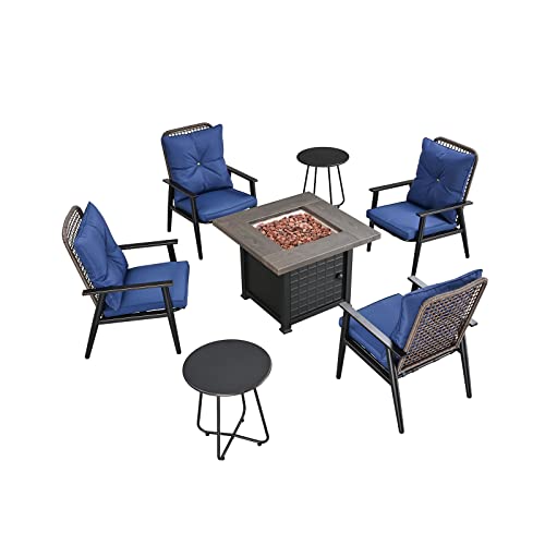 Festival Depot 7 Pcs Outdoor Fire Pit Table Set, Patio Conversation Set, Square Propane Gas Table, 4 PE Wicker Armchairs w/Cushions and 2 Side Table Metal Furniture (Blue)