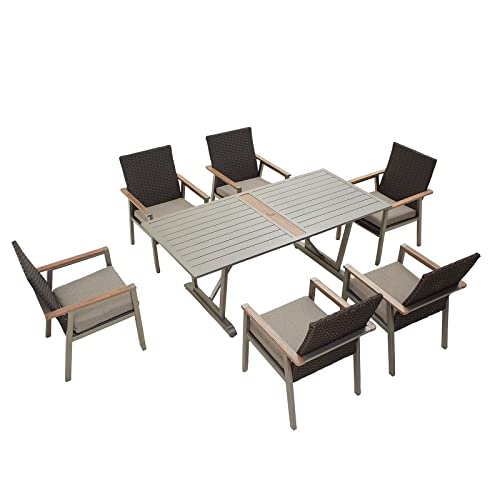 Sports Festival 7 Pieces Patio Conversation Set Outdoor Sectional Furniture Set Include 6 Armchair Set with Woven Wicker, Removable Cushions and Dining Table Stand with 2" Umbrella Hole, Metal Frame