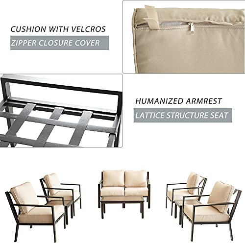 Festival Depot 9-Pieces Patio Outdoor Furniture Conversation Sets Loveseat Sectional Sofa, All-Weather Black X Slatted Back Chairs with Coffee Side Table and Thick Soft Removable Couch Cushions(Beige)