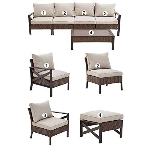 Festival Depot 5 Pieces Patio Furniture Set All-Weather Rattan Wicker Metal Frame Sofa Chair Outdoor Conversation Set Sectional Corner Couch with Cushions and Coffee Table for Deck Poolside