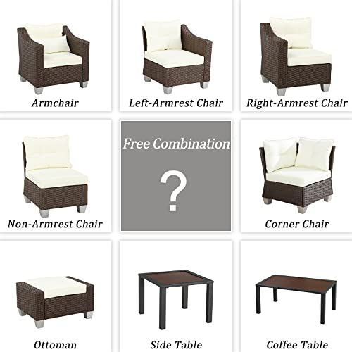 Festival Depot 7 Pcs Patio Conversation Set Outdoor Furniture Combination Sectional Sofa All-Weather PE Wicker Metal Armchairs with Seating Back Cushions Side Coffee Table (Beige)