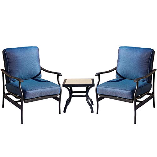 Festival Depot 3-Piece Outdoor Patio Furniture Arm Dining Chairs Set Garden Bistro Porch Deck Yard Square Metal Table and Seating Set with Thick Cushions (3pc Patio Conversation Set2, Blue)