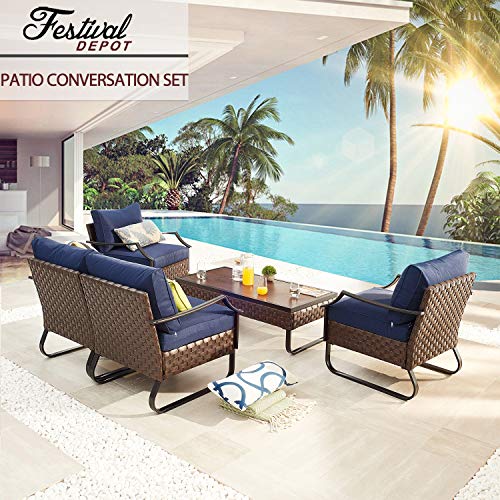 Festival Depot 5-Piece Patio Dining Furniture Outdoor Armchair Combination Conversation Set All-Weather Coffee Table with U Shaped Steel Leg for Porch Lawn Garden Balcony Pool Backyard, Brown