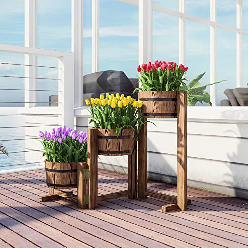 Festival Depot Patio Outdoor Planter Rustic Tri-Tier Wooden Flower Pot Shelf with Buckets Garden Decorative Barrel Stand for FD15113 FD15113
