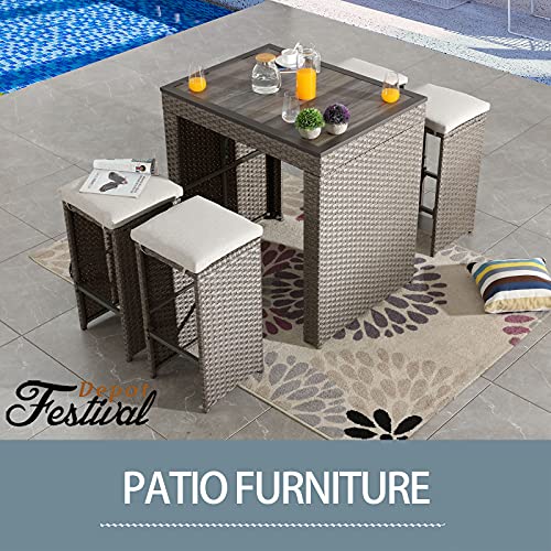Festival Depot 5 Pcs Patio Bar Stool Set Outdoor Wicker Furniture,4 Height Bar Seater with Removable Cushions and Wooden Desktop Dining Table, Woven Rattan and Metal Frame for Deck Porch (Brown)