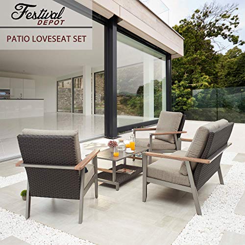 Festival Depot 4 Pieces Patio Outdoor Conversation Chairs Loveseat Set with Coffee Rectangle Table Metal Frame Furniture Garden Bistro Seating Thick Soft Cushions