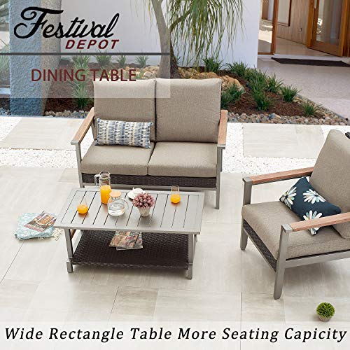 Festival Depot Patio Coffee Table Rectangle Dining Table Metal Slatted Top Table with Wicker Rattan Storage Shelf Outdoor Furniture for Garden Yard, Grey