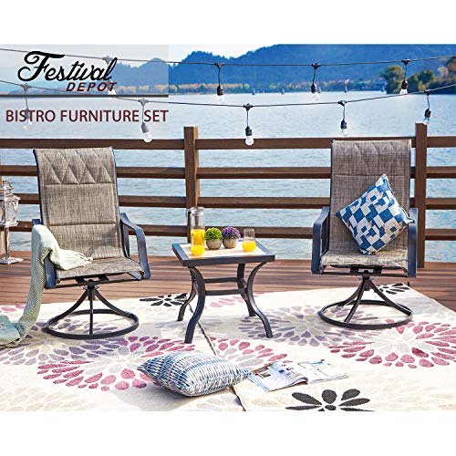 Festival Depot 3 PC Bistro Outdoor Patio Dining 360¡Swivel Chairs Set Furniture Rockers Armrest Chair Square Metal Steel Frame Coffee Table for Deck Garden Pool