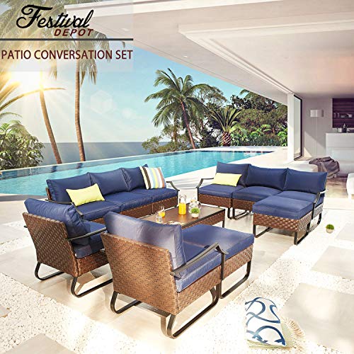 Festival Depot 11 Pcs Patio Conversation Sets Outdoor Furniture Sectional Sofa with All-Weather PE Rattan Wicker Chair,Loveseat Coffee Table and Thick Soft Removable Couch Cushions(Blue)