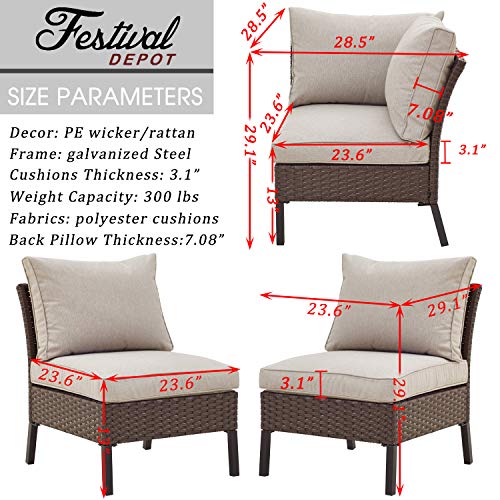 Festival Depot 3 Pieces Patio Conversation Set Sectional Corner Sofa Combination Outdoor All-Weather Wicker Metal Armless Chairs with Seating Back Cushions Garden Deck Poolside