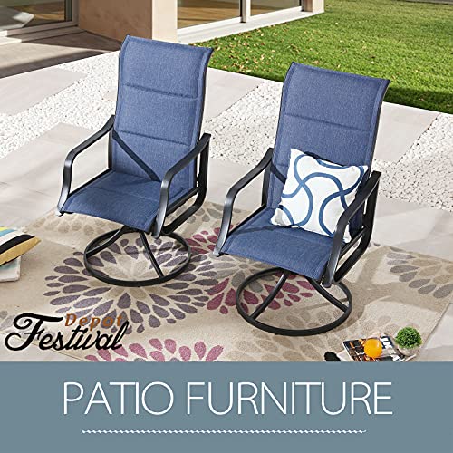 Festival Depot 2 PC 360° Swivel Chairs Patio Dining Chairs with High Back and Curved Armrest Textilene Fabric Outdoor Furniture for Deck Garden Pool (Blue)