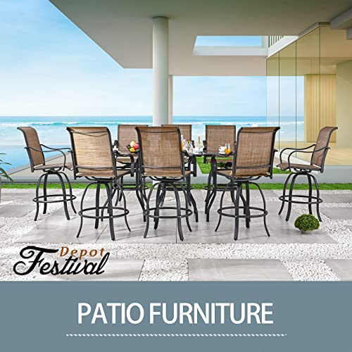 Festival Depot 3 Pcs Patio Bistro Bar Set High Stools Outdoor Furniture with 360° Swivel Armrest Chairs, Coffee Table with Tempered Glass Desktop, Metal Frame for Deck Poolside Garden Porch