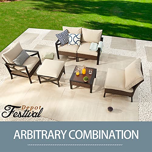 Festival Depot 4 Pieces Patio Furniture Set All-Weather Rattan Wicker Metal Frame Sofa Chair Outdoor Conversation Set Sectional Corner Couch with Cushions and Coffee Table for Deck Poolside