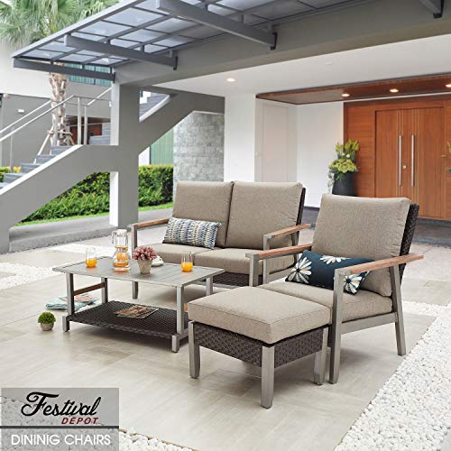 Festival Depot Outdoor Chair Patio Dining Chair with Cushion and Wood Grain Armrest Metal Furniture for Lawn Garden All-Weather