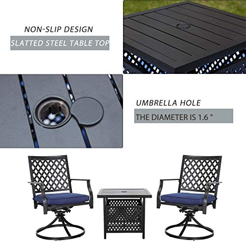 Festival Depot Outdoor Furniture 3 Piece Patio Dining Set of 2 Swivel Chairs with Cushions and 1 Metal Bistro Side Table with Umbrella Hole for Deck Porch Yard, Blue