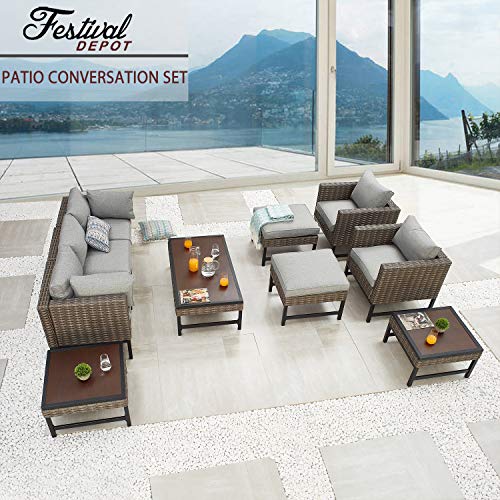 Festival Depot 10 Pieces Patio Conversation Set Outdoor Furniture Combination Sectional Sofa Loveseat All-Weather Woven Wicker Metal Armchairs with Seating Back Cushions Side Coffee Table Ottoman,Gray