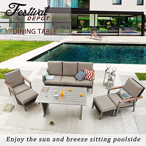 Festival Depot Patio Dining Table Rectangle Wicker Table in Metal Frame with Woven Rattan Outdoor Furniture for Pool Garden Deck