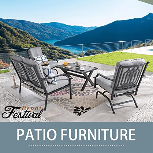 Festival Depot 4 pc Conversation Set Patio Outdoor ArmChairs Loveseat Set with Coffee Table Fabric Metal Frame Furniture Garden Bistro Seating Thick Soft Cushions