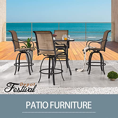 Festival Depot 5 Pcs Patio Bistro Set 360° Swivel Chairs and Bar Height Table with Tempered Glass Top Outdoor Furniture Dining Set (4 Chairs,1 Table) (Brown)