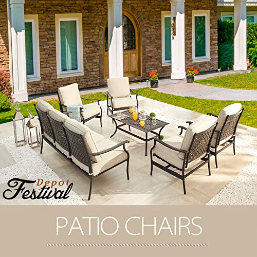 Festival Depot 6Pcs Outdoor Furniture Patio Conversation Set All Weather Black Metal Armchairs with Seat and Back Cushions, Rectangle Coffee Table for Deck Lawn Garden, Beige
