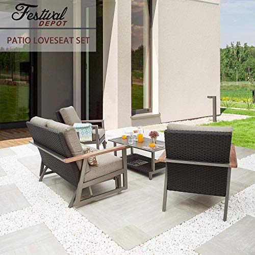 Festival Depot 4 Pieces Patio Outdoor Conversation Chairs Loveseat Set with Coffee Rectangle Table Metal Frame Furniture Garden Bistro Seating Thick Soft Cushions