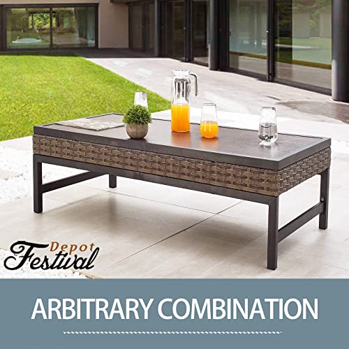 Festival Depot Outdoor Coffee Table Patio Furniture with All-Weather Rattan Wicker, Metal H Shaped Legs and Wooden B-PF20204-new1 B-PF20204-new1