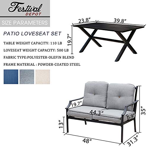 Festival Depot 2 pc Conversation Set Outdoor Patio Loveseat with Seat and Back Thick Cushions and Coffee Table Metal Furniture for Garden Bistro