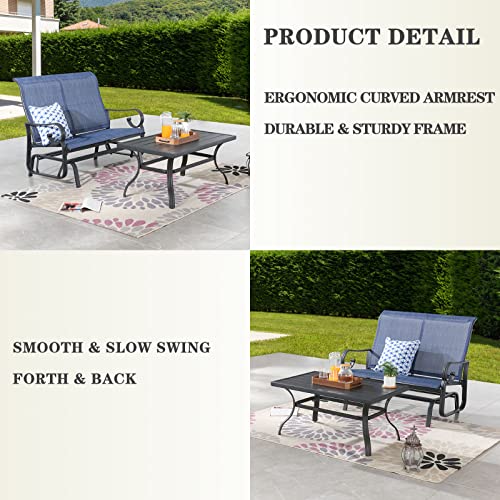 Festival Depot 2pcs Outdoor Furniture Patio Conversation Set Metal Coffee Table Loveseat Armchairs Glider with Textilene Fabric Without Pillows for Lawn Beach Backyard Pool, Blue
