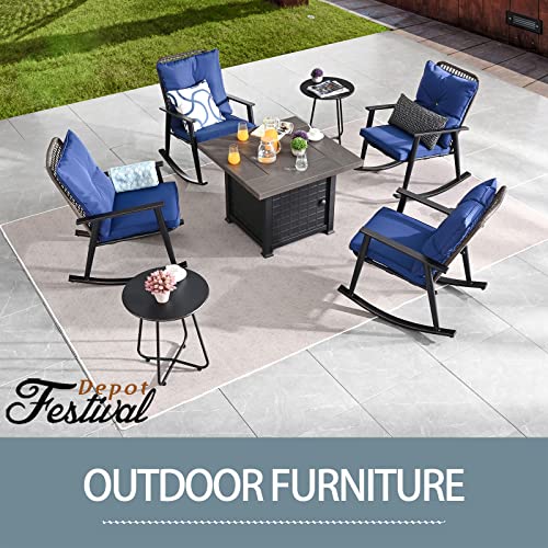 Festival Depot 7 Pieces Outdoor Fire Pit Table Set, Patio Conversation Set, Square Propane Gas Table, 4 PE Wicker Rocking Armchairs w/ Cushions and 2 Side Table Metal Furniture (Blue)