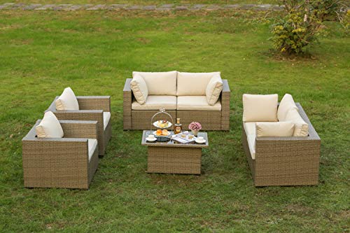 Festival Depot 7pcs Patio Furniture Outdoor Conversation Set Sectional Wicker Sofa Set with Removable Seat Cushions and Coffee Table with Tempered Glass for Garden Deck Porch Lawn Balcony, Beige