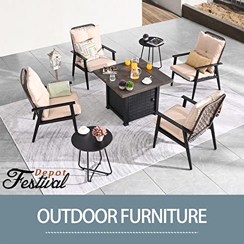 Festival Depot 7 Pieces Outdoor Fire Pit Table Set, Patio Conversation Set, Square Propane Gas Table, 4 PE Wicker Armchairs w/Cushions and 2 Side Table Metal Furniture (Beige)