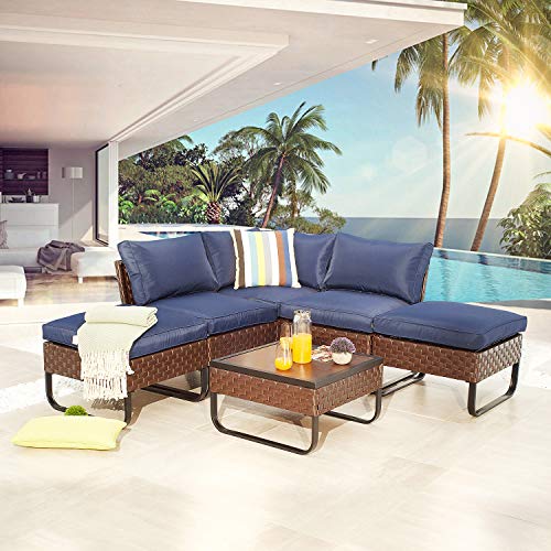 Festival Depot 6 Pieces Patio Conversation Sets Outdoor Furniture Sectional Corner Sofa, All-Weather PE Rattan Wicker Back Chair with Coffee Table Ottoman and Thick Soft Removable Couch Cushions(Blue)
