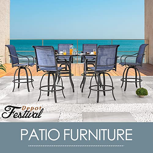Festival Depot 8pcs Patio Dining Set Bar Height Stools Swivel Bistro Chairs with Armrest and Tempered Glass Top Table Metal Outdoor Furniture for Yard (6 Chairs,2 Table) (Blue)