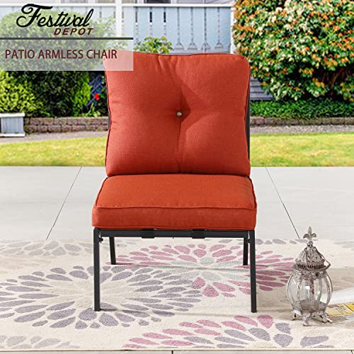 Festival Depot Patio Dining Armless Chair Outdoor Bistro Single Sofa with Removable Thick Cushion Metal Frame All Weather Sectional Conversation Furniture for Backyard Pool Deck Garden (Red)