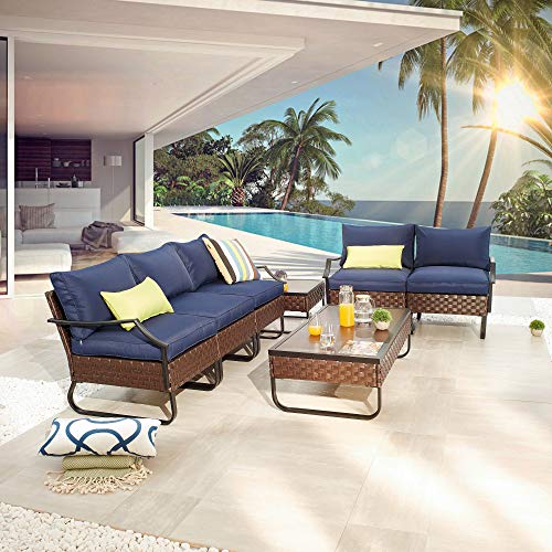 Festival Depot 7 Pieces Patio Conversation Sets Outdoor Furniture Loveseats Sectional Sofa with All-Weather PE Rattan Wicker Back Chair, Coffee Side Table and Soft Removable Couch Cushions(Blue)
