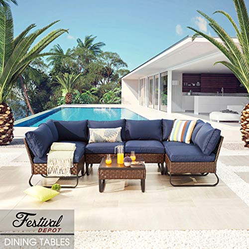 Festival Depot Patio Dining Outdoor Bistro Furniture Corner Section Chairs Wicker Rattan Premium Fabric Soft & Deep Cushions with Side U Shaped Slatted Steel Legs for Garden Yard Poolside All-Weather