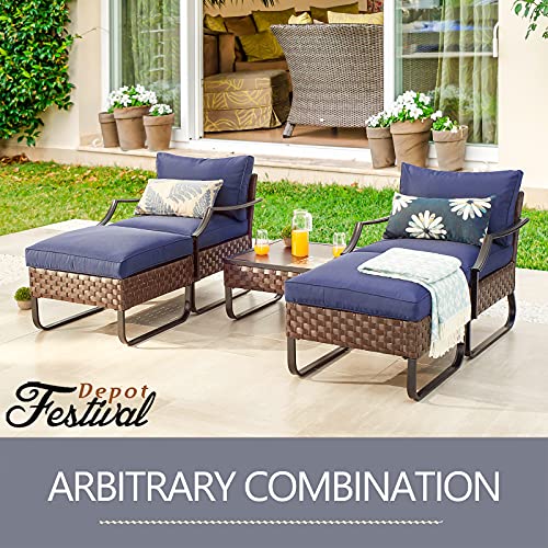 Festival Depot 3 Pieces Patio Furniture Set, All-Weather PE Rattan Wicker Metal Frame Sofa Outdoor Conversation Set Sectional Couch with Cushion Ottoman and Coffee Table for Deck Poolside (Blue)