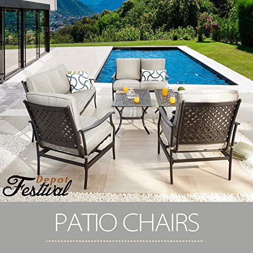 Festival Depot 6Pcs Outdoor Furniture Patio Conversation Set All Weather Black Metal Armchairs Loveseat with Seat and Back Cushions, 3-Seating Chair, Rectangle Coffee Table for Deck Lawn Garden