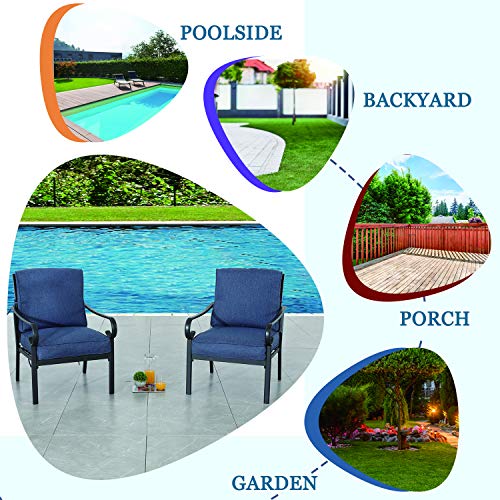 Festival Depot 2 pcs Outdoor Furniture Patio Dining Set All Weather Black Slatted Metal Frame Bistro Armchairs with Seat and Back Cushions for Deck Lawn Garden, Blue