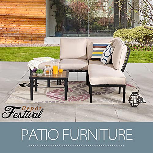 Festival Depot 6 Pieces Patio Conversation Set Sectional Metal Corner Chair Ottoman with Side Table and Thick Cushions All Weather Outdoor Furniture for Deck Garden, Beige