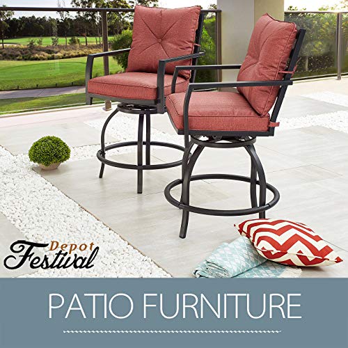 Elegant 2 Piece Patio 360° Swivel Bar Chair Set with Armrests and Cushioned Seats