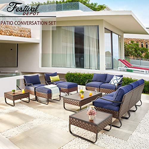 Festival Depot 12 Pcs Patio Conversation Sets Outdoor Furniture Sectional Sofa with All-Weather PE Rattan Wicker Chair,Loveseat Coffee Table and Thick Soft Removable Couch Cushions(Blue)