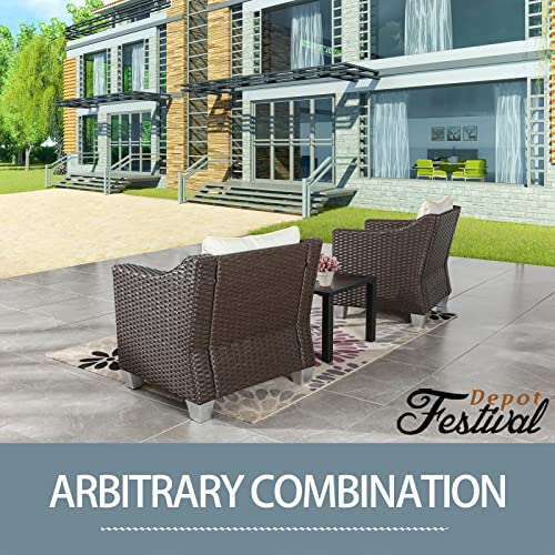 Festival Depot 3 Pcs Patio Conversation Set Outdoor Furniture Combination Sectional Sofa All-Weather PE Wicker Metal Armchairs with Seating Back Cushions Side Coffee Table (Beige)