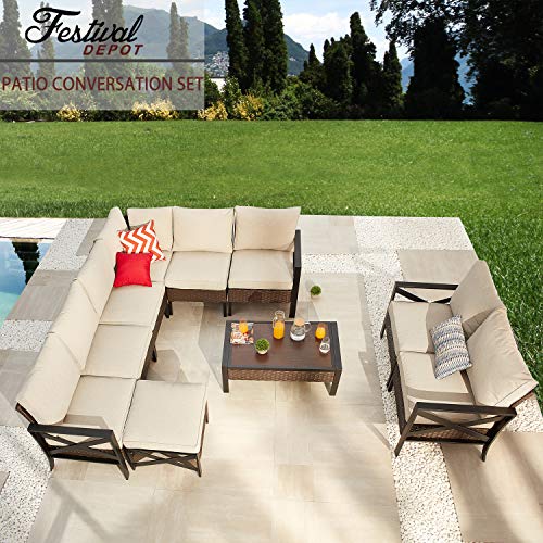 Festival Depot 10 Pcs Patio Outdoor Furniture Conversation Set Sectional Corner Sofa with All-Weather Brown PE Rattan Wicker Back Chair, Ottoman, Coffee Table and Thick Removable Couch Cushions