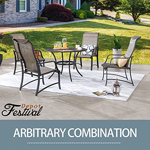 Festival Depot 5 Pieces Patio Dining Set of 4 Armrest Dining Chair with Textilene Fabric and 1 Round Wrought Iron Table with 2.04" Umbrella Hole Outdoor Furniture for Backyard Deck Garden