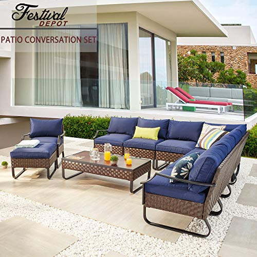Festival Depot 10 Pcs Patio Conversation Sets Outdoor Furniture Sectional Corner Sofa with All-Weather PE Rattan Wicker Chair Coffee Table and Thick Soft Removable Couch Cushions (Blue)
