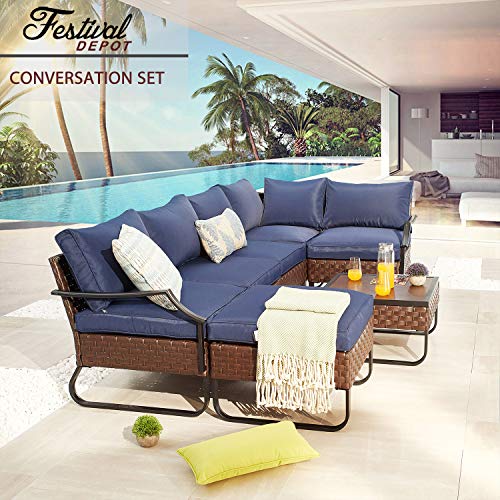 Festival Depot 7 Pieces Patio Outdoor Furniture Conversation Sets Chairs Sectional Corner Sofa, All-Weather Wicker Back Chair with Coffee Square Table and Thick Soft Removable Couch Cushions (Blue)