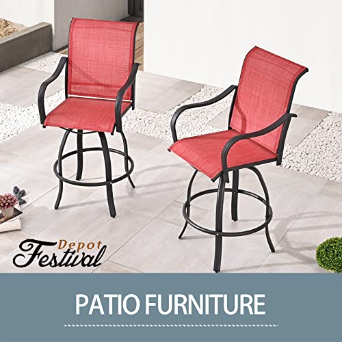Festival Depot 2 Pcs Patio Dining Set Bar Height Stools Swivel Chairs with Armrest All Weather Metal Outdoor Furniture for Bistro Yard (Red)
