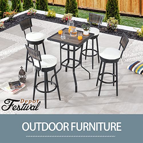 Festival Depot 5 Pcs Patio Bar Set Bistro Height Set, 360° Woven Wicker Swivel Chairs and Bar Height Table with DPC Desktop Wood Grain Desktop Outdoor Furniture for Garden Poolside Deck Porch (Beige)